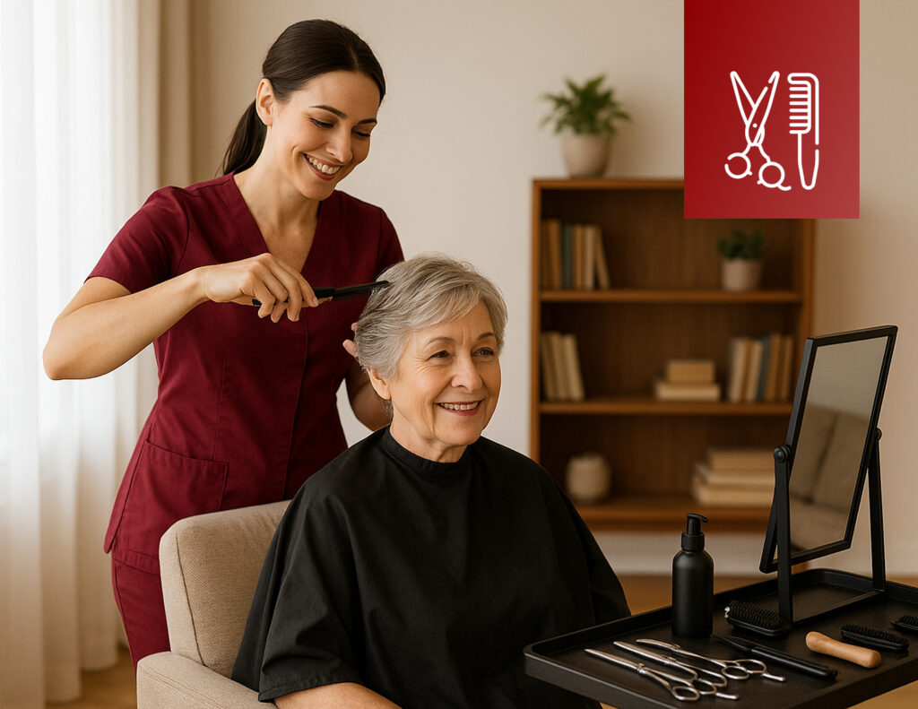 Pflegefachkraft in bordeauxfarbener Arbeitskleidung schneidet einer älteren Frau im häuslichen Umfeld die Haare – liebevolle Unterstützung bei der Körperpflege und Alltagsbegleitung in der ambulanten Pflege.