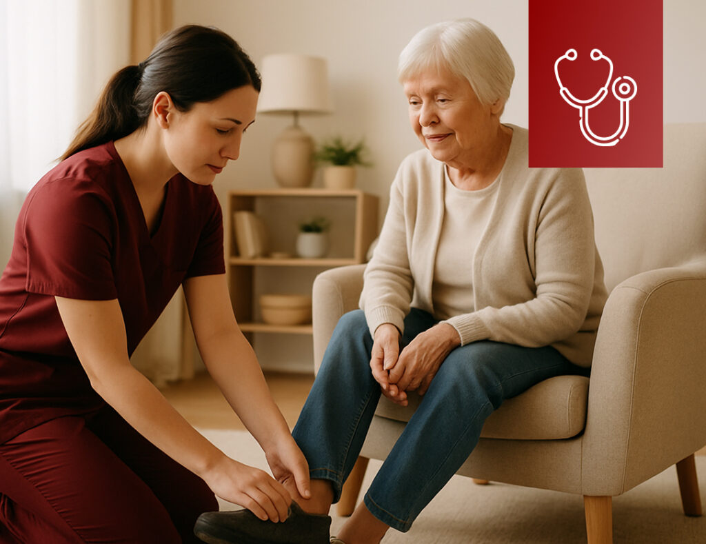 Pflegefachkraft hilft einer älteren Frau beim Anziehen von Schuhen im häuslichen Umfeld – unterstützende Grundpflege und Mobilitätshilfe zu Hause.