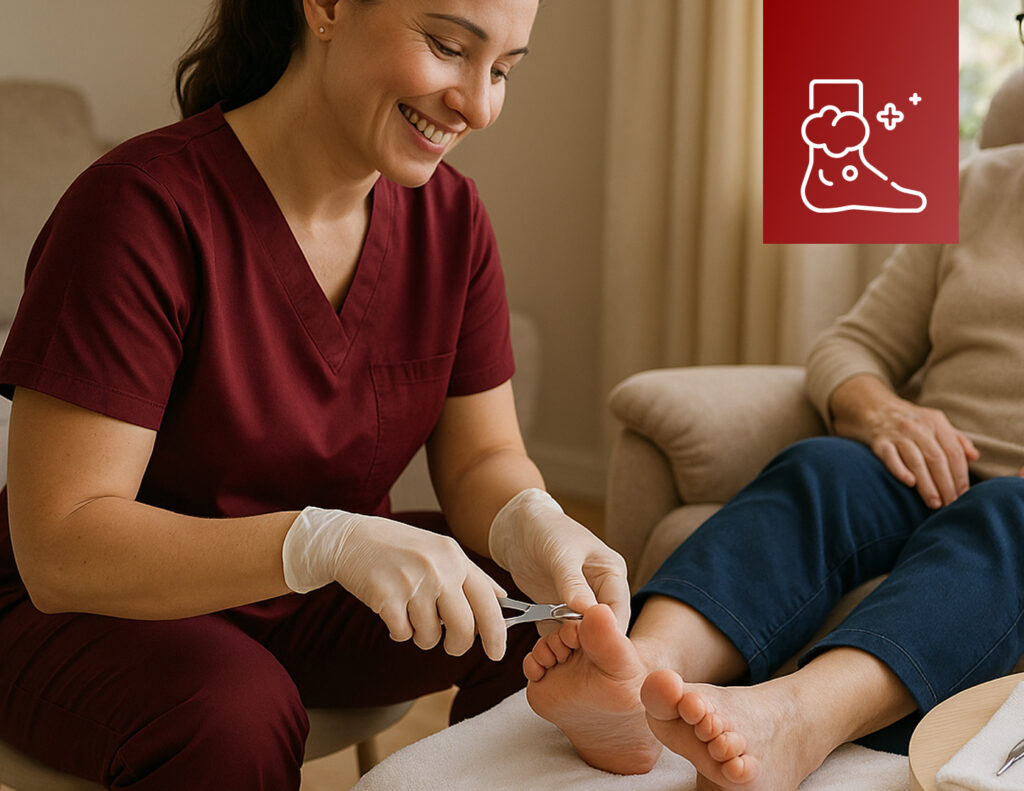 Pflegefachkraft in bordeauxfarbener Arbeitskleidung führt eine medizinische Fußpflege bei einer älteren Person im häuslichen Umfeld durch – professionelle Unterstützung im Rahmen der ambulanten Pflege.