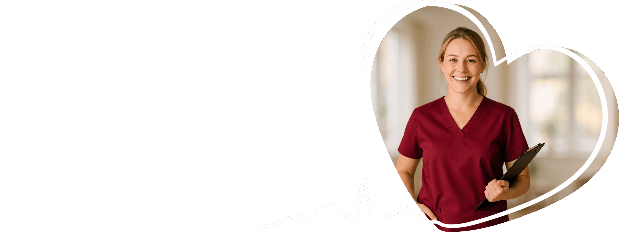 Pflegefachkraft steht im Innenraum und hält ein Tablet zur Dokumentation – Symbol für professionelle und persönliche Pflege. Dargestellt in Herzform als Symbol für Fürsorge.