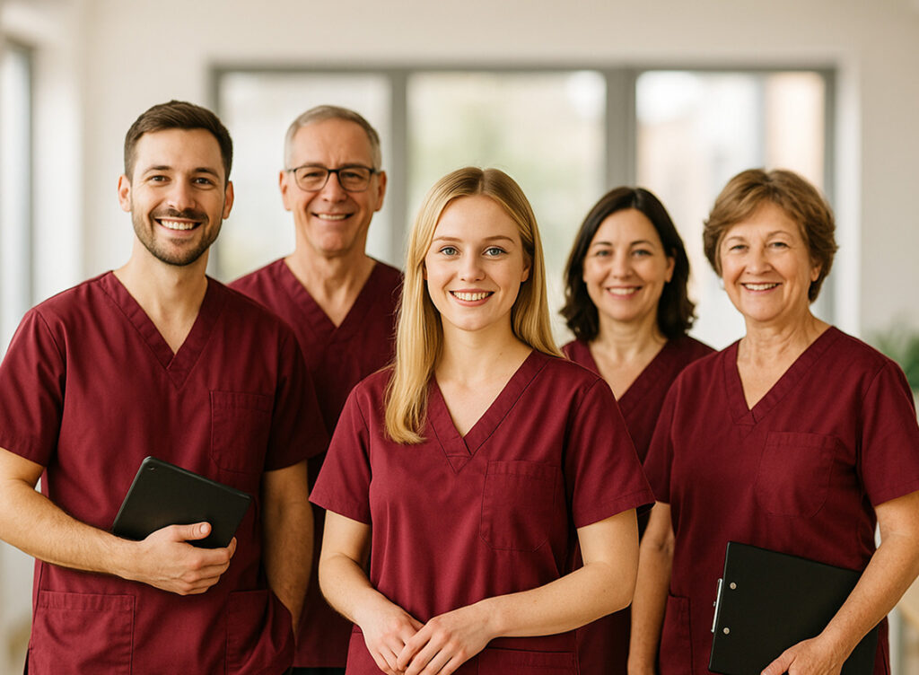 Pflege-Team aus fünf Pflegefachkräften in bordeauxroter Arbeitskleidung steht gemeinsam und lächelt in die Kamera – kompetente und vertrauensvolle ambulante Pflege.