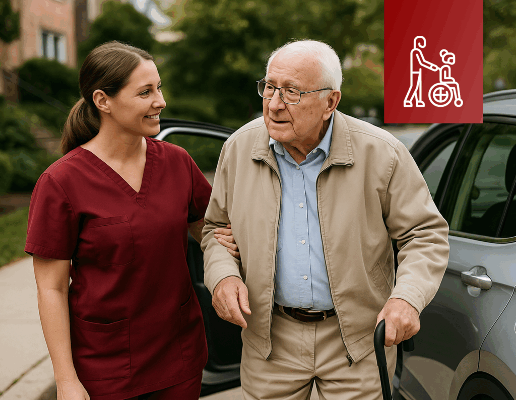 Pflegefachkraft unterstützt einen älteren Mann mit Gehstock beim Aussteigen aus einem Auto, Symbol für Mobilitäts- und Alltagshilfe.